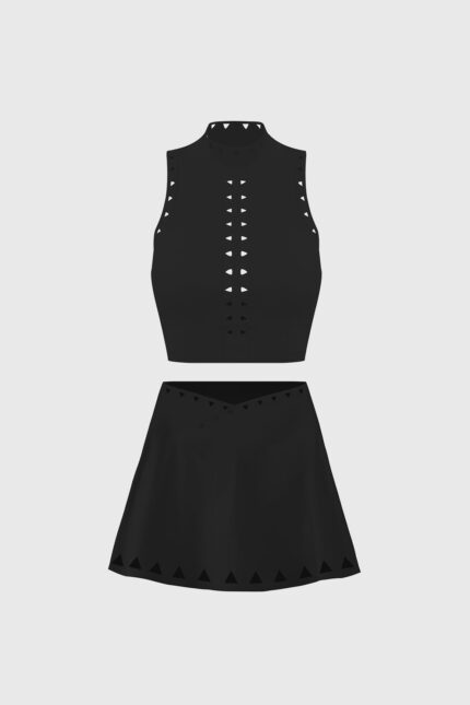 High Neck Laser Cut Leisure Bra + V-waist Laser Cut Tennis Skirt